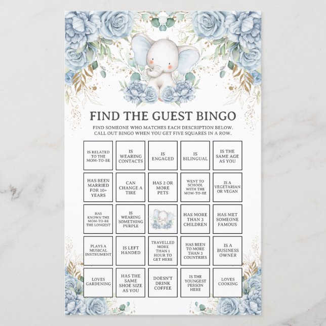 Blue Elephant Baby Shower Find the Guest Bingo (Vorderseite)
