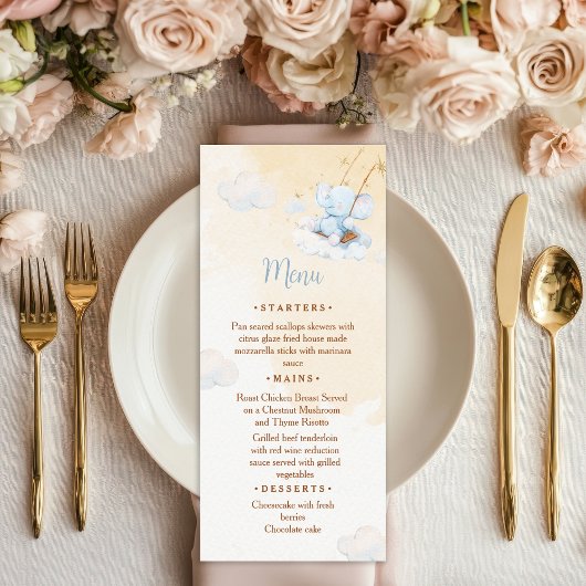 Blue Elephant Baby Shower Menu Card Cloud Stars Menükarte