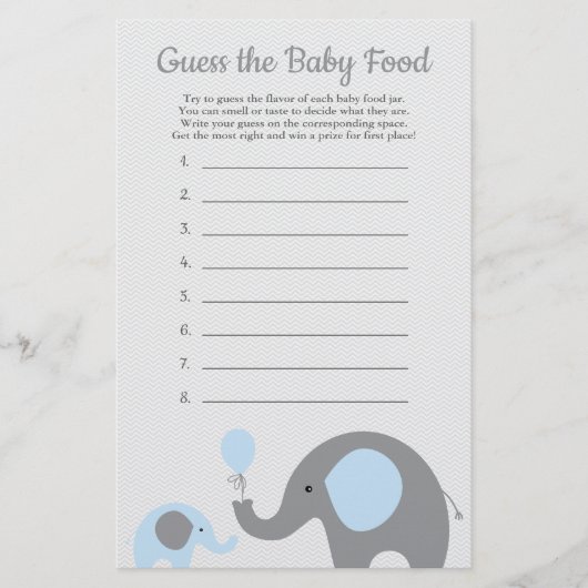 Blue Elephant Baby Shower Raten Sie das Baby Food Flyer (Vorne)