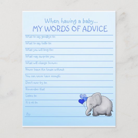 Blue Elephant Baby Shower Worte des Advice Game (Vorderseite)