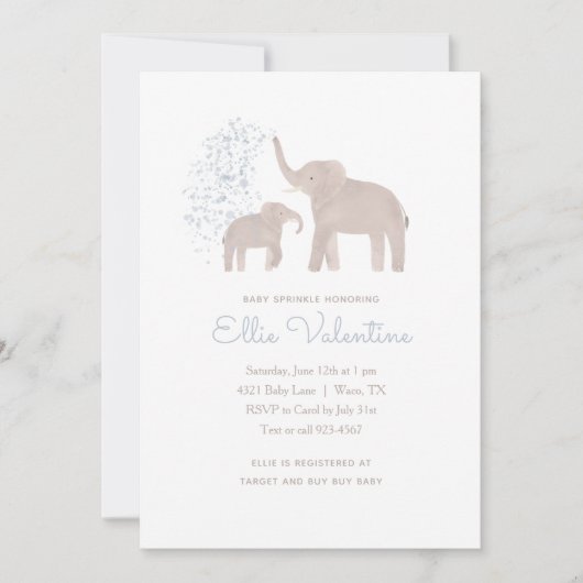 Blue Elephant Baby Sprinkle Einladung (Vorderseite)