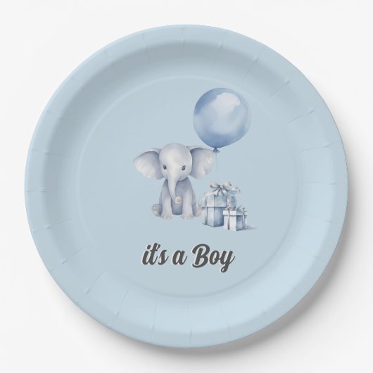 Blue Elephant & Balloon Baby Dusche Pappteller (Vorderseite)
