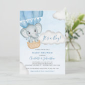Blue Elephant Balloon Boy Baby Dusche Einladung (Stehend Vorderseite)