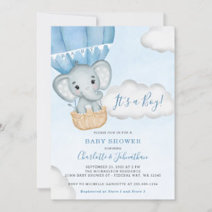 Blue Elephant Balloon Boy Baby Dusche Einladung