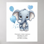 Blue Elephant Balloons Baby Birth Stats Kinderzimm Poster (Vorne)