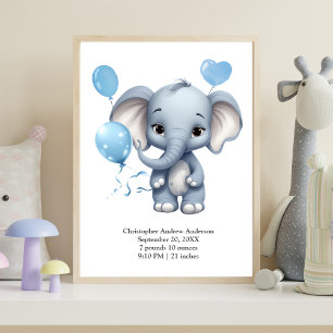 Blue Elephant Balloons Baby Birth Stats Kinderzimm Poster