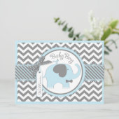Blue Elephant Bow Krawatte Zickzack Print Baby Dus Einladung (Stehend Vorderseite)