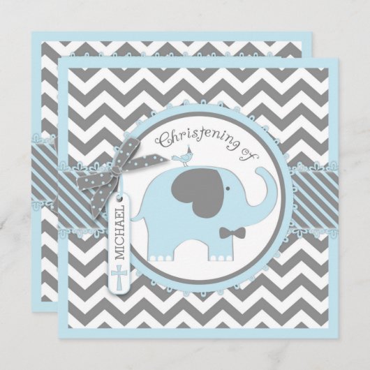 Blue Elephant Bow Krawatte Zickzack Print Christen Einladung (Vorne/Hinten)