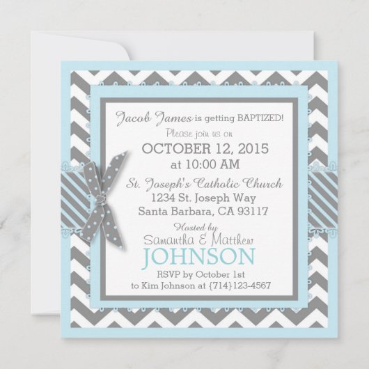 Blue Elephant Bow Krawatte Zickzack Print Taufe Einladung (Rückseite)