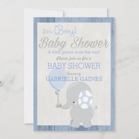 Blue Elephant Boy Baby Dusche Land Einladung (Vorderseite)