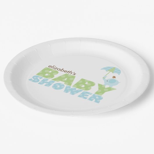 Blue Elephant Boy Baby Dusche Pappteller (Schrägansicht)