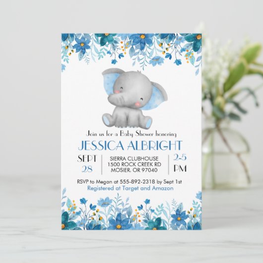 Blue Elephant Boy Baby Dusche Sprinkle Einladung (Stehend Vorderseite)