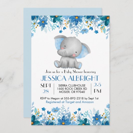 Blue Elephant Boy Baby Dusche Sprinkle Einladung (Vorne/Hinten)