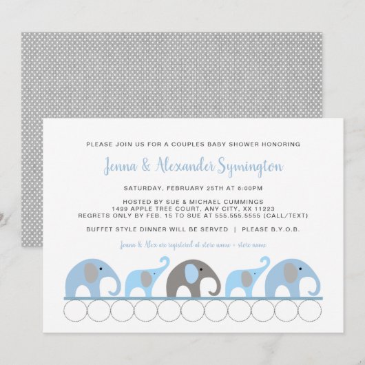Blue Elephant Couples Kinderdusche Einladung (Vorne/Hinten)