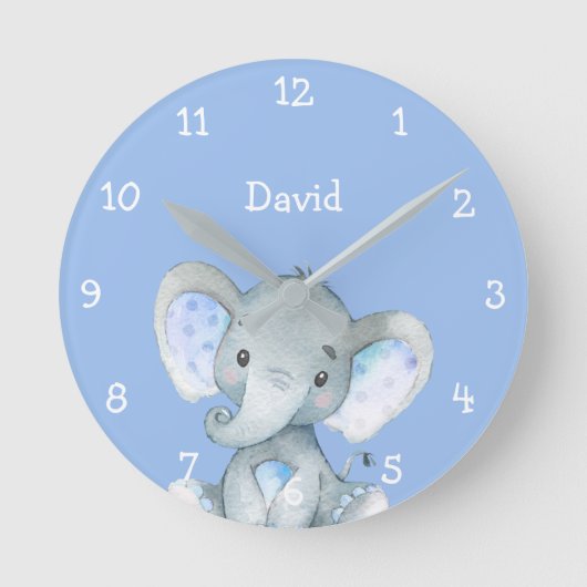 Blue Elephant Cute Baby Boy Name Personalized Runde Wanduhr (Vorderseite)