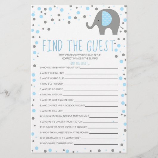 Blue Elephant Find Guest Baby Shower Game Briefpapier (Vorderseite)