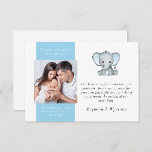 Blue Elephant Foto New Baby Dankeskarte (Vorne/Hinten)