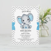 Blue Elephant Glitzer Zickzack Baby Dusche Einladung (Stehend Vorderseite)