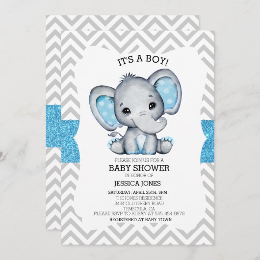 Blue Elephant Glitzer Zickzack Baby Dusche Einladung (Vorne/Hinten)