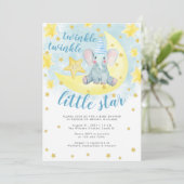 Blue Elephant Gold Twinkle Little Star Baby Dusche Einladung (Stehend Vorderseite)