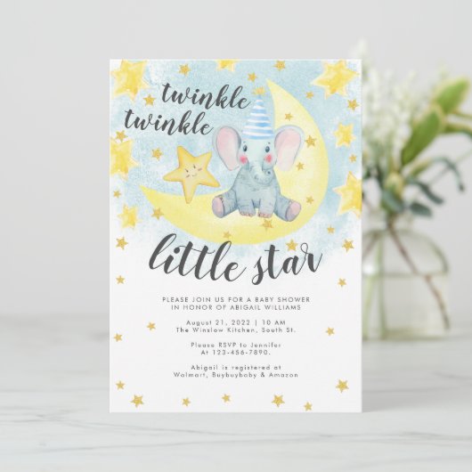 Blue Elephant Gold Twinkle Little Star Baby Dusche Einladung (Stehend Vorderseite)
