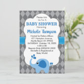 Blue Elephant Gray Background Baby Dusche laden ei Einladung (Stehend Vorderseite)