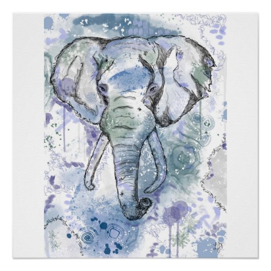 Blue Elephant Head Print Poster (Vorderseite)