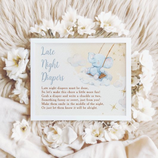 Blue Elephant Late Night Diapers Baby Shower Poster