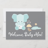 Blue Elephant Little Bird Welcome Baby Einladung (Vorderseite)