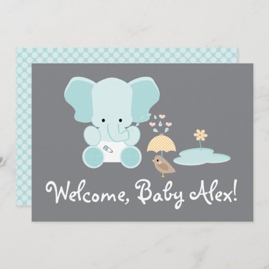 Blue Elephant Little Bird Welcome Baby Einladung (Vorne/Hinten)