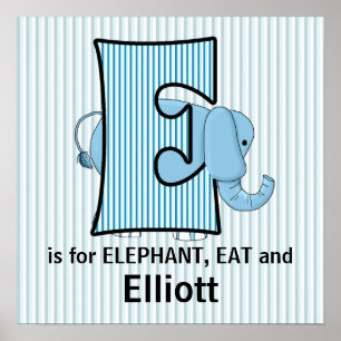 Blue Elephant Mit Monogramm E Baby Room Poster