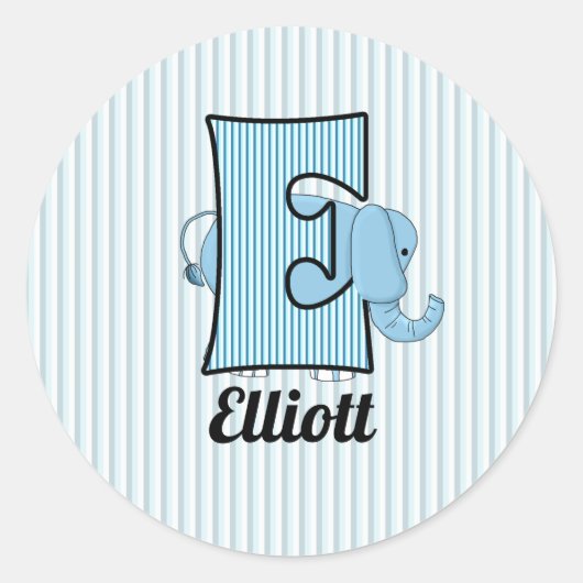 Blue Elephant Mit Monogramm Letter E Kids Runder Aufkleber (Vorderseite)