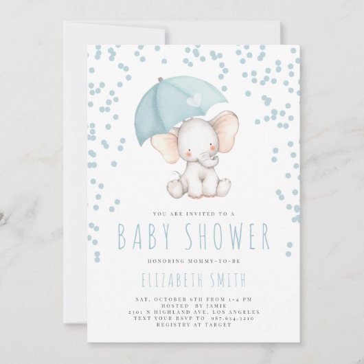 Blue Elephant Rain Sprinkle Boy Baby Dusche Einladung (Vorderseite)