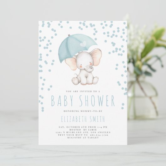 Blue Elephant Rain Sprinkle Boy Baby Dusche Einladung (Stehend Vorderseite)