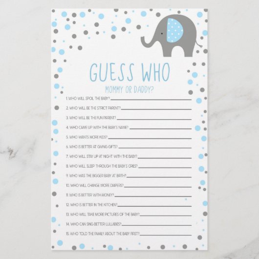 Blue Elephant rät, wer Baby Showspiel Briefpapier (Vorderseite)