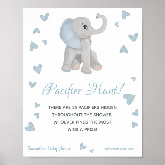 Blue Elephant Schnuller Hunt Game Baby Dusche Schi Poster (Vorne)
