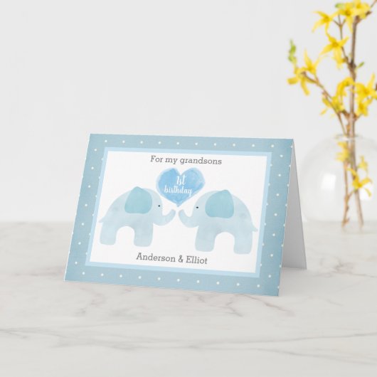 Blue Elephant Twins 1. Geburtstag Karte (Gelbe Blume)