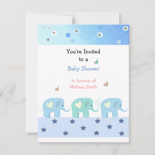 Blue Elephants Baby Dusche Einladung (Vorderseite)