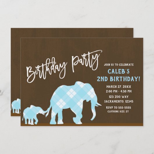 Blue Elephants Brown Modern Birthday Party JEDES A Einladung (Vorne/Hinten)
