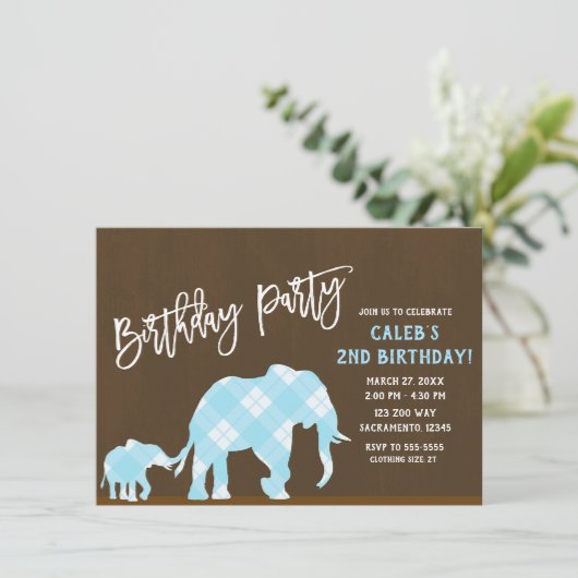 Blue Elephants Brown Modern Birthday Party JEDES A Einladung (Stehend Vorderseite)