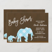 Blue Elephants Brown Trendy Modern Baby Dusche Einladung (Vorne/Hinten)