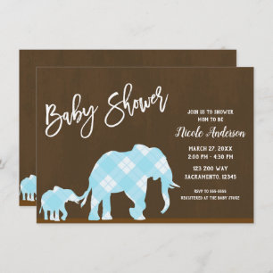 Blue Elephants Brown Trendy Modern Baby Dusche Einladung