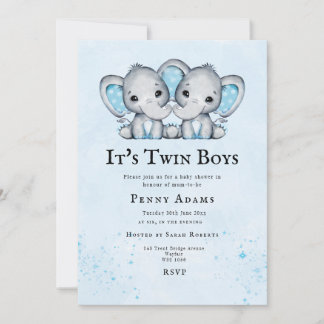 Blue Elephants Twins Baby Shower Invitation  Dankeskarte