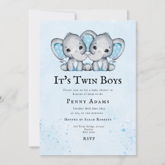 Blue Elephants Twins Baby Shower Invitation  Dankeskarte (Vorderseite)