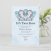 Blue Elephants Twins Baby Shower Invitation  Dankeskarte (Stehend Vorderseite)