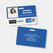 Blue Employee Name Abzeichen mit Logo und QR-Code Ausweis (Vorder- & Rückseite)