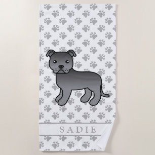 Blue English Staffie Niedlich Cartoon Dog & Name Strandtuch