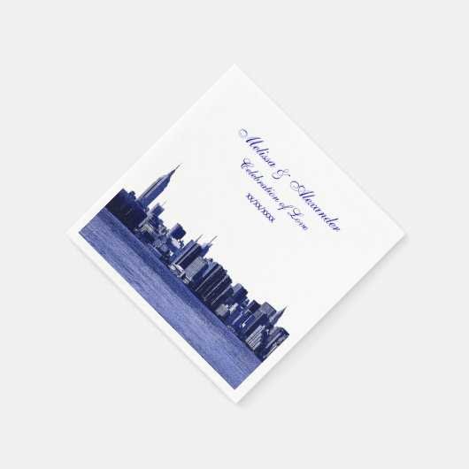 Blue Etched Look NYC Skyline Silhouette, ESB #1 Serviette (Ecke)