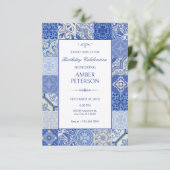 Blue Ethnic Boho Mediterranean Tiles Geburtstag Einladung (Stehend Vorderseite)