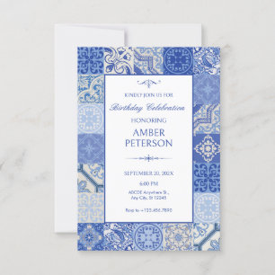 Blue Ethnic Boho Mediterranean Tiles Geburtstag Einladung